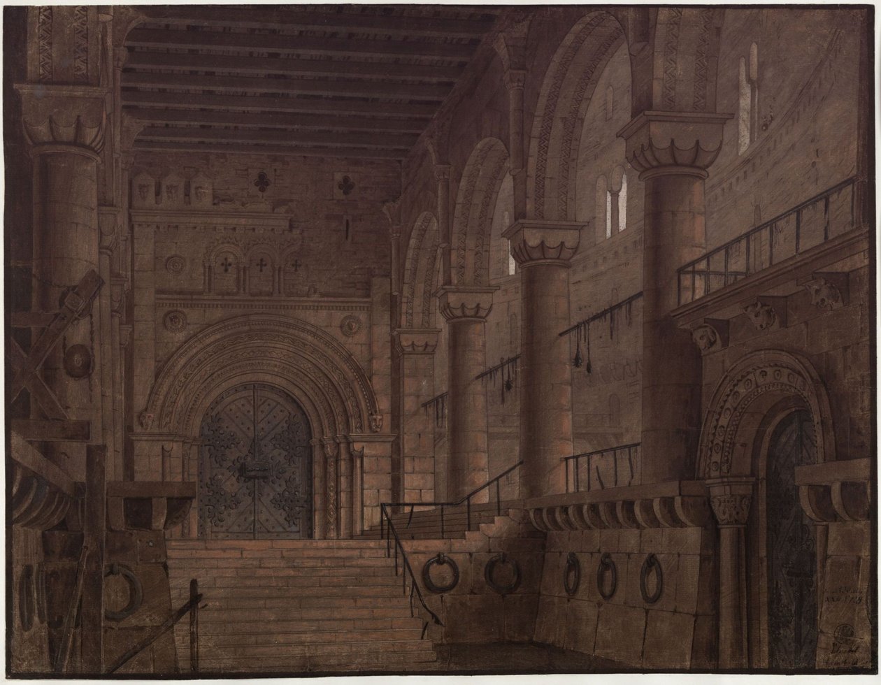 El rey Yngurd. Tragedia de Adolf Müllner. Borrador de la  5.ª escenografía. Sala de la torre con la Puerta de la Muerte de Karl Friedrich Schinkel