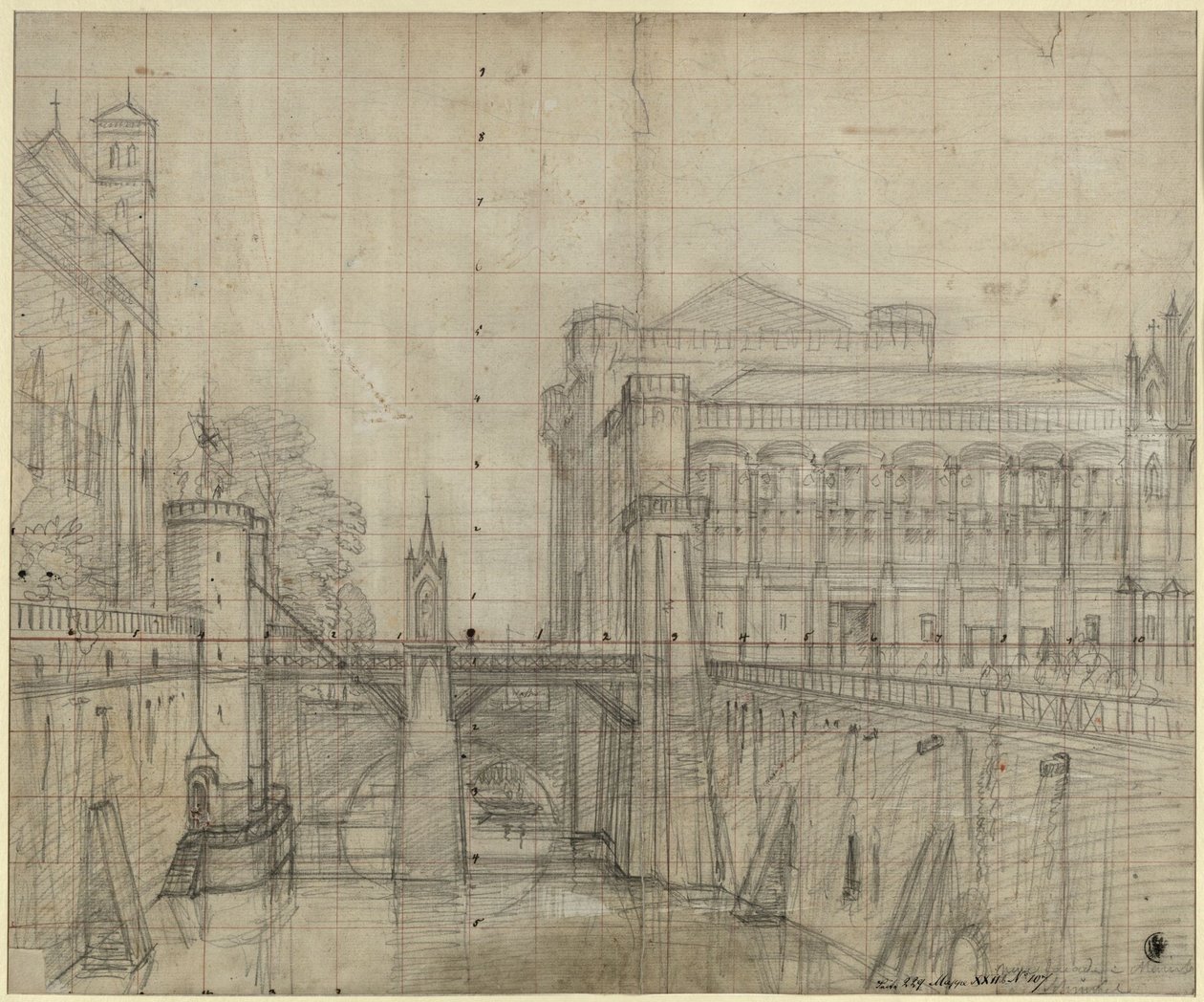 Malbork cerca de Gdańsk. El castillo de Malbork. Vista del foso y de la fachada del patio del palacio del Gran Maestre de Karl Friedrich Schinkel
