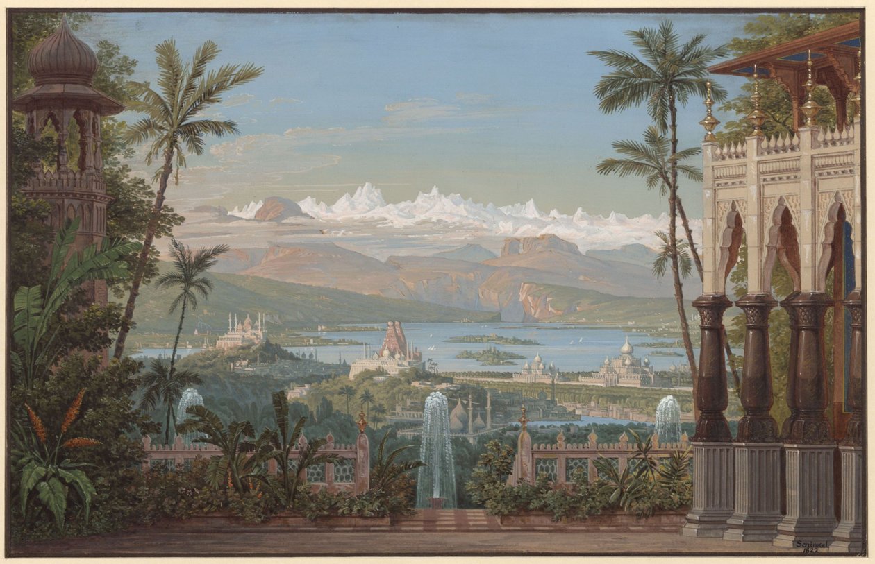 Nurmahal o La fiesta de las rosas de Cachemira. Ópera de Gaspare Spontini. Boceto de la segunda escenografía. Terraza con vistas al valle de Cachemira de Karl Friedrich Schinkel