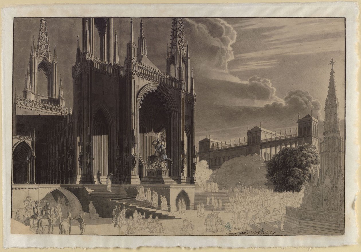 Pórtico de una catedral gótica con la estatua ecuestre de San Miguel; frente a él, una fuente, y al fondo, un palacio de Karl Friedrich Schinkel