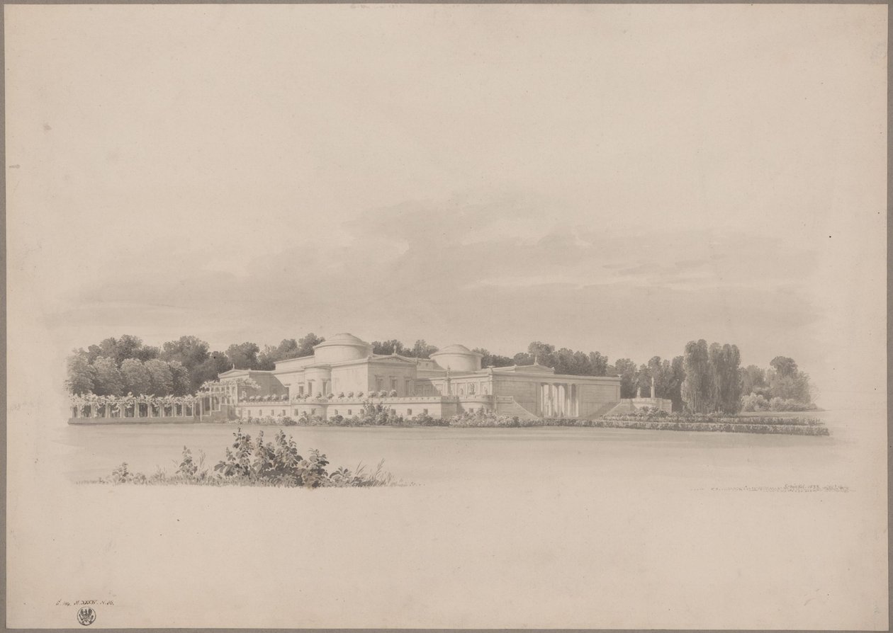 Potsdam-Sanssouci. Antigua casa de campo cerca del palacio de Charlottenhof. Vista en perspectiva desde el noreste de Karl Friedrich Schinkel