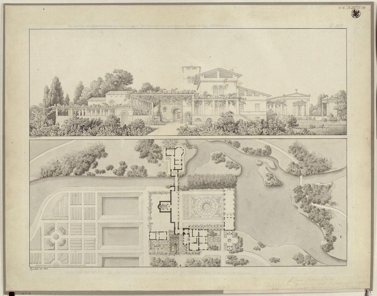Potsdam-Sanssouci. Baños romanos cerca del palacio de Charlottenhof. Vista desde el oeste y planta de la casa del jardinero de Karl Friedrich Schinkel
