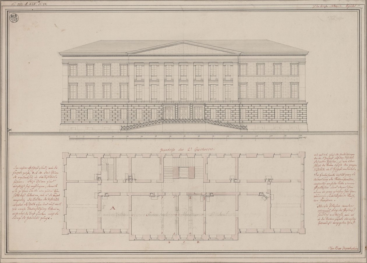 Ratibor (Racibórz). Proyecto para el Tribunal Superior Regional. Alzado y planta de Karl Friedrich Schinkel