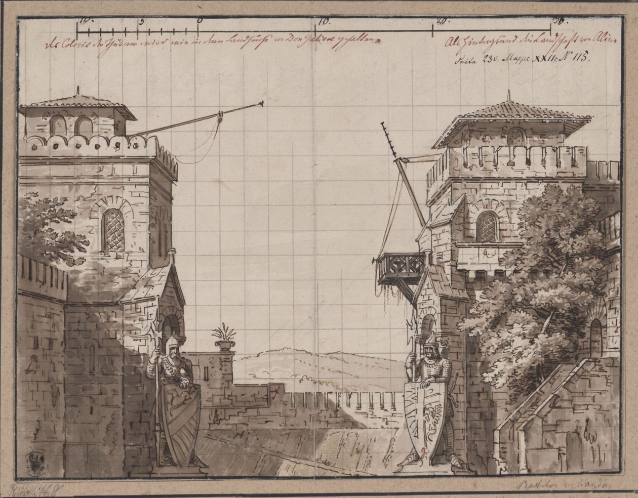 Ratibor y Wanda. Obra de teatro de Jakob Andreas Konrad Levezow. Boceto de la tercera escenografía. Fortaleza con vistas a las montañas de Karl Friedrich Schinkel