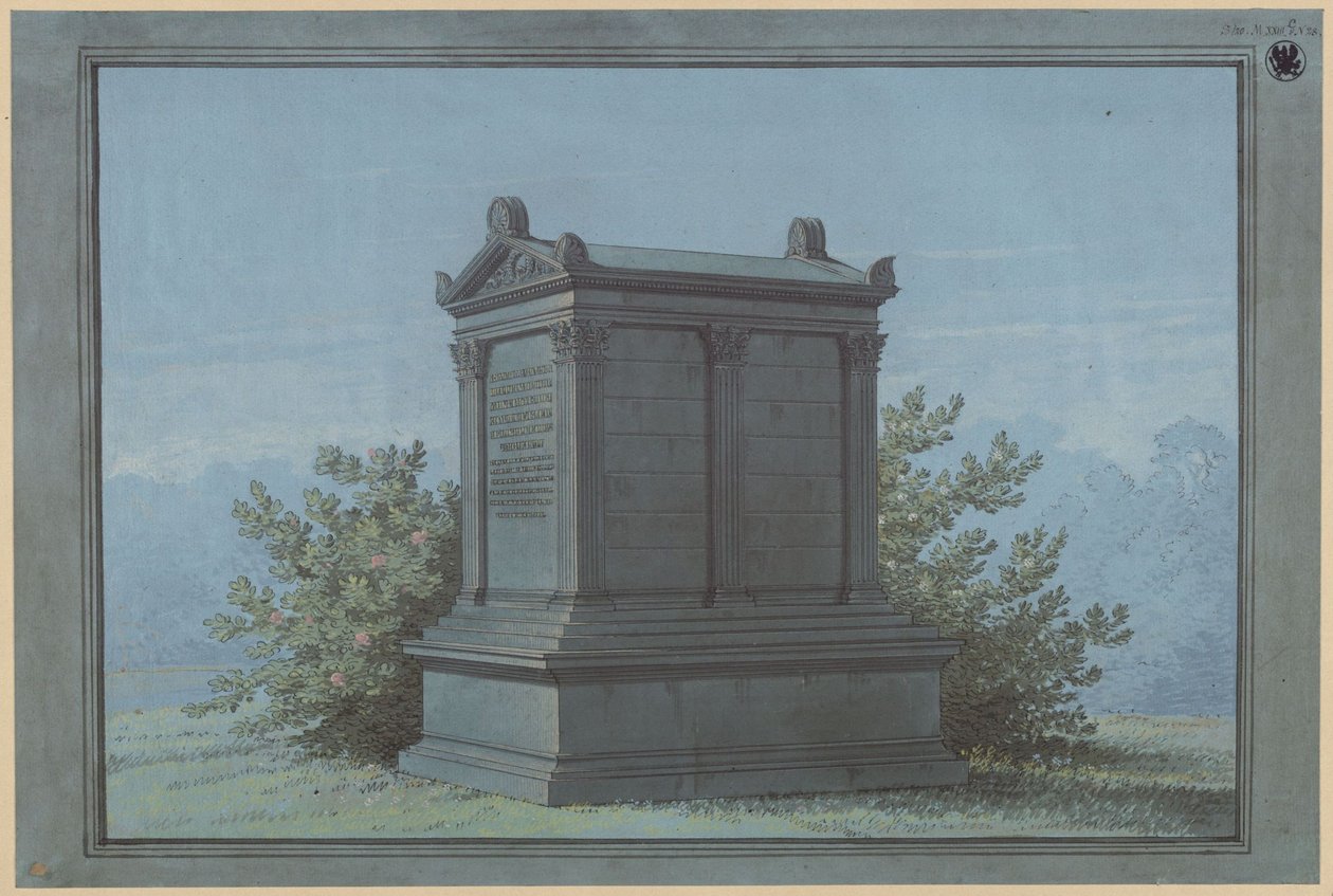 Sarcófago en forma de templo - Belchau (Białochowo), antiguo distrito de Graudenz (Powiat Grudziądzki), distrito administrativo de Marienwerder (Województwo Kujawsko-Pomorskie). Proyecto para el monumento funerario Klinggräf en forma de pequeño templo con de Karl Friedrich Schinkel