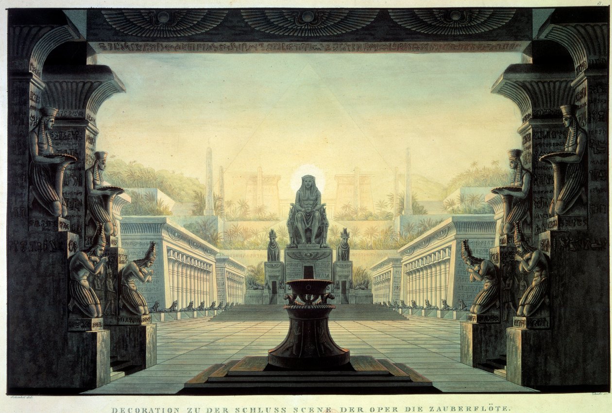 Decorado teatral: Decorado para la ópera La flauta mágica (Die Zauberflöte) de Wolfgang Amadeus Mozart, sobre un libreto de Emanuel Schikaneder de Karl Friedrich Schinkel