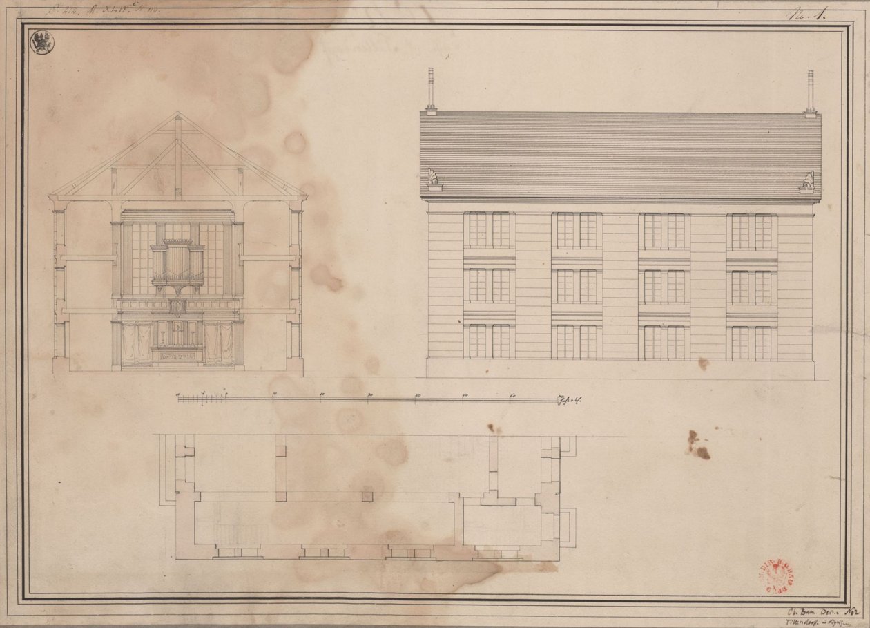 Tillendorf (Bolesławice, distrito de Liegnitz). Proyecto para la iglesia protestante. Planta, alzado de la fachada lateral y sección transversal de Karl Friedrich Schinkel
