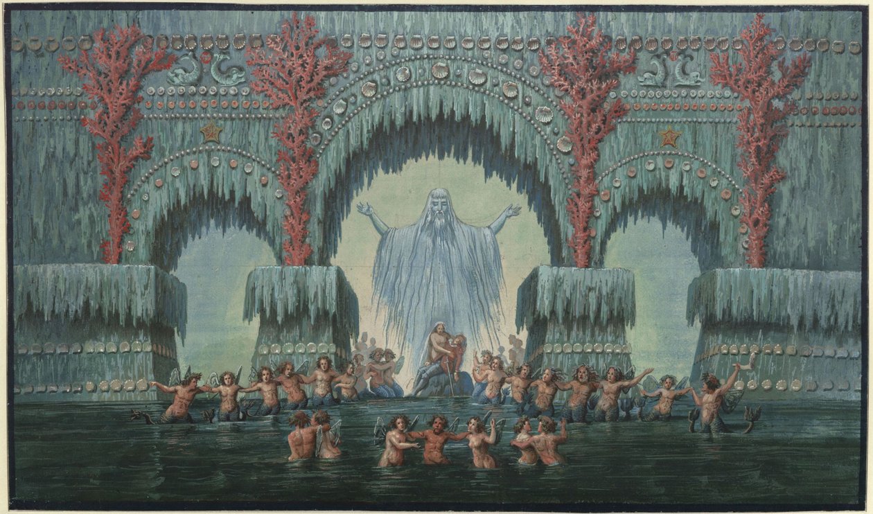 Undine. Ópera de E. T. A. Hoffmann. Boceto de la décima escenografía. El palacio acuático de Kühleborn de Karl Friedrich Schinkel
