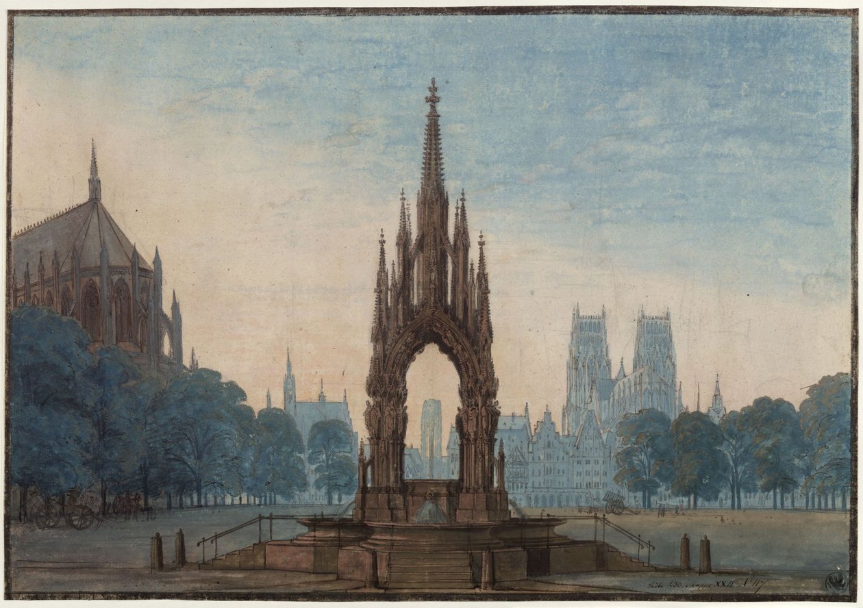 Undine. Ópera de E. T. A. Hoffmann. Boceto de la tercera escenografía. Plaza del mercado con fuente de Karl Friedrich Schinkel