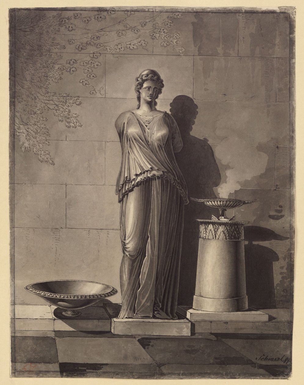 Torso de una mujer con túnica de la Antigüedad entre una copa y un altar de Karl Friedrich Schinkel