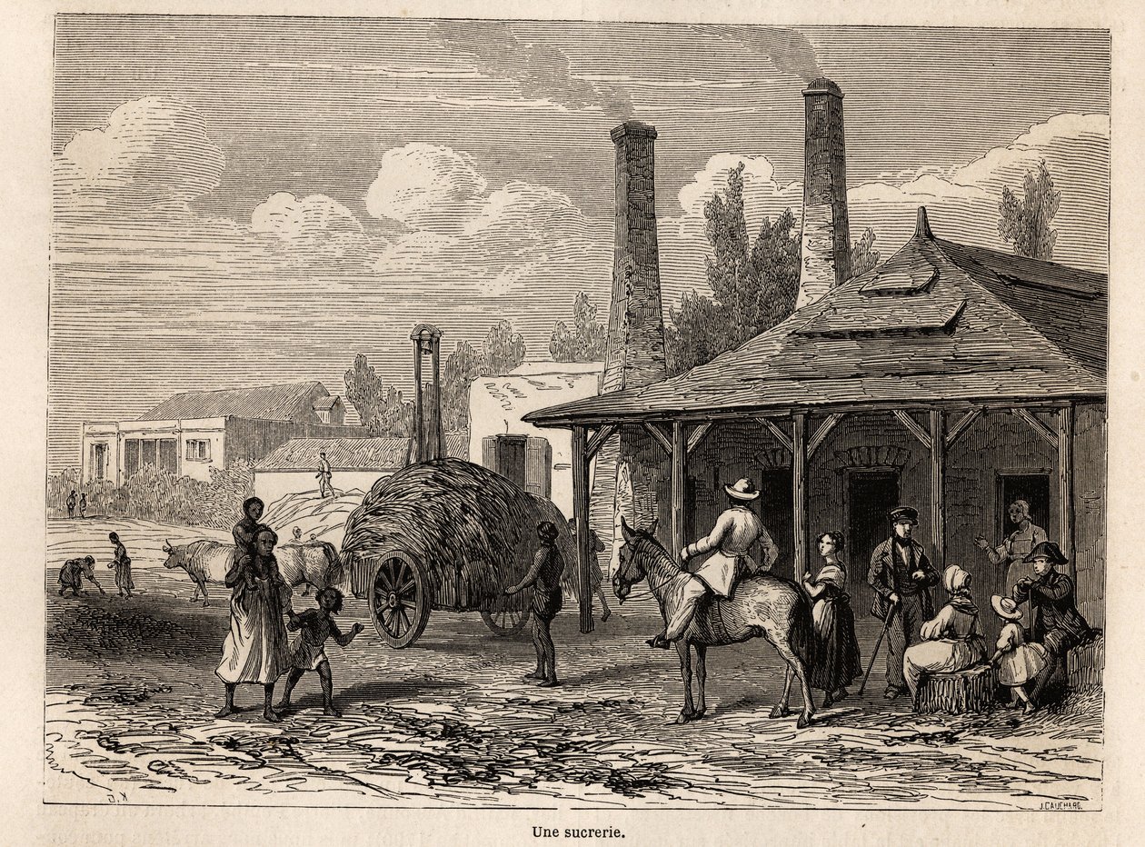 Una fábrica de azúcar de la Rivière du Rempart, en Mauricio, dibujo de Karl Girardet (1813-1871), para ilustrar la estancia de Alfred Verney en Mauricio en 1861. Grabado en "Le tour du monde", editado por Edouard Charton de Karl Girardet
