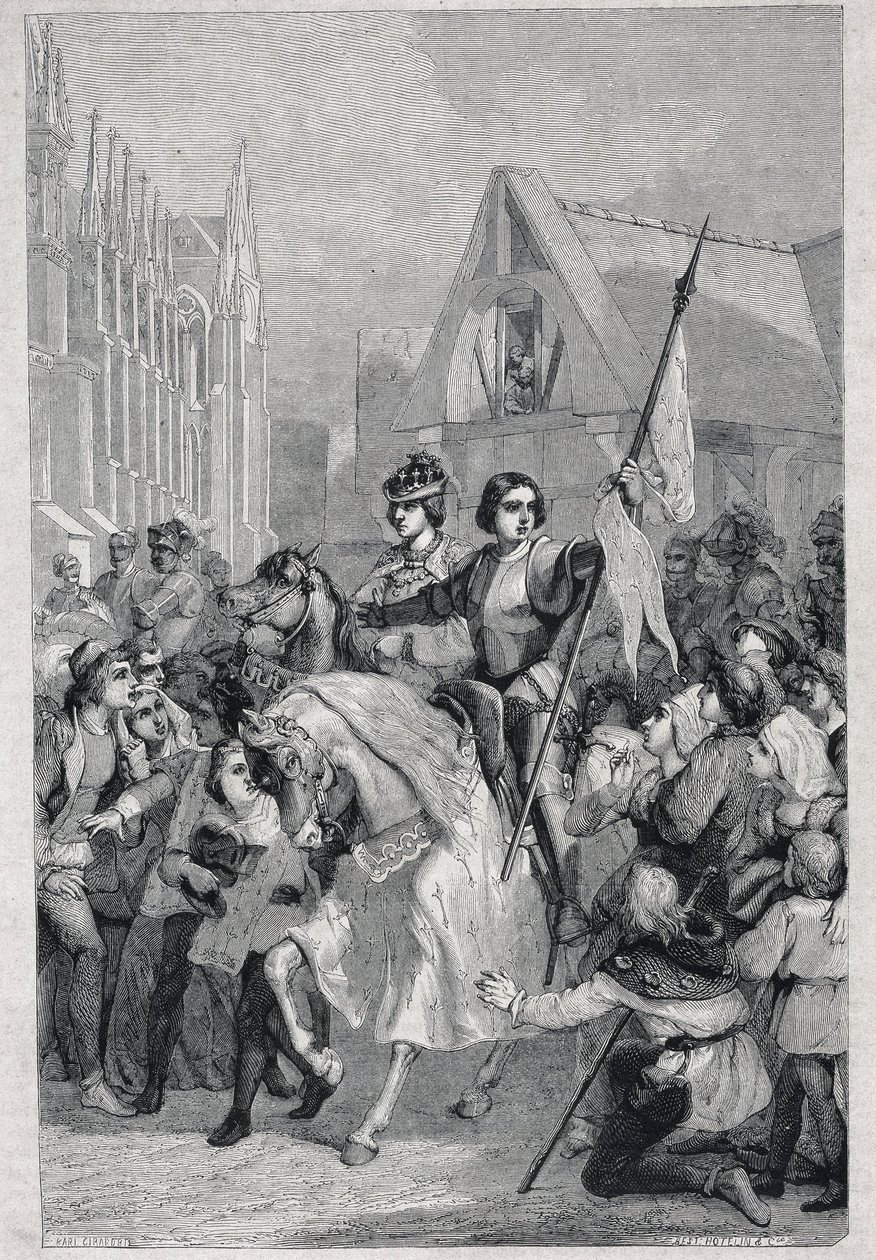 Entrada de Juana de Arco y Carlos VII a Reims - Composición y dibujo de Karl Girardet. Grabado siglo XIX. de Karl Girardet