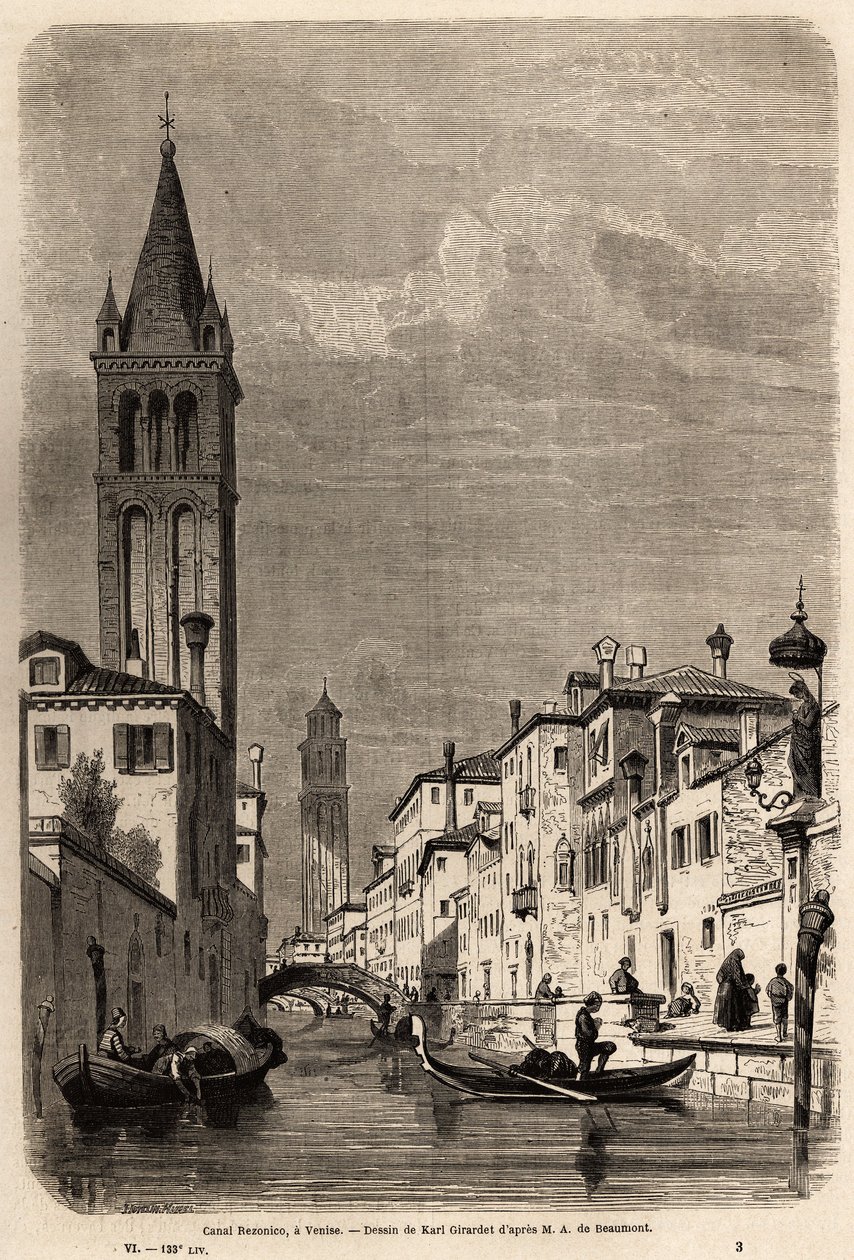 El Canal Rezonico, dibujo de Karl Girardet (1813-1871), para ilustrar el viaje de Adalbert de Beaumont a Venecia, circa 1850. Grabado en “Le tour du monde”, editado por Edouard Charton de Karl Girardet