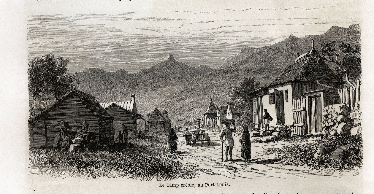 El campamento criollo, en Port Louis, dibujo de Karl Girardet para ilustrar la estancia de Alfred Verney en Mauricio en 1861. Grabado en 
