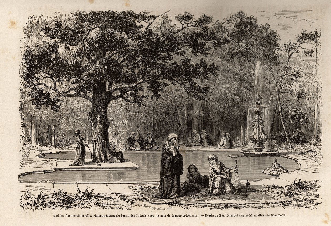 El kief de las mujeres del harén en Flamour-Javuzu, en el palacio de Constantinopla (actual Estambul), Turquía, dibujo de Karl Girardet (1813-1871), para ilustrar una visita al harén en 1860, por una mujer anónima. Grabado en 