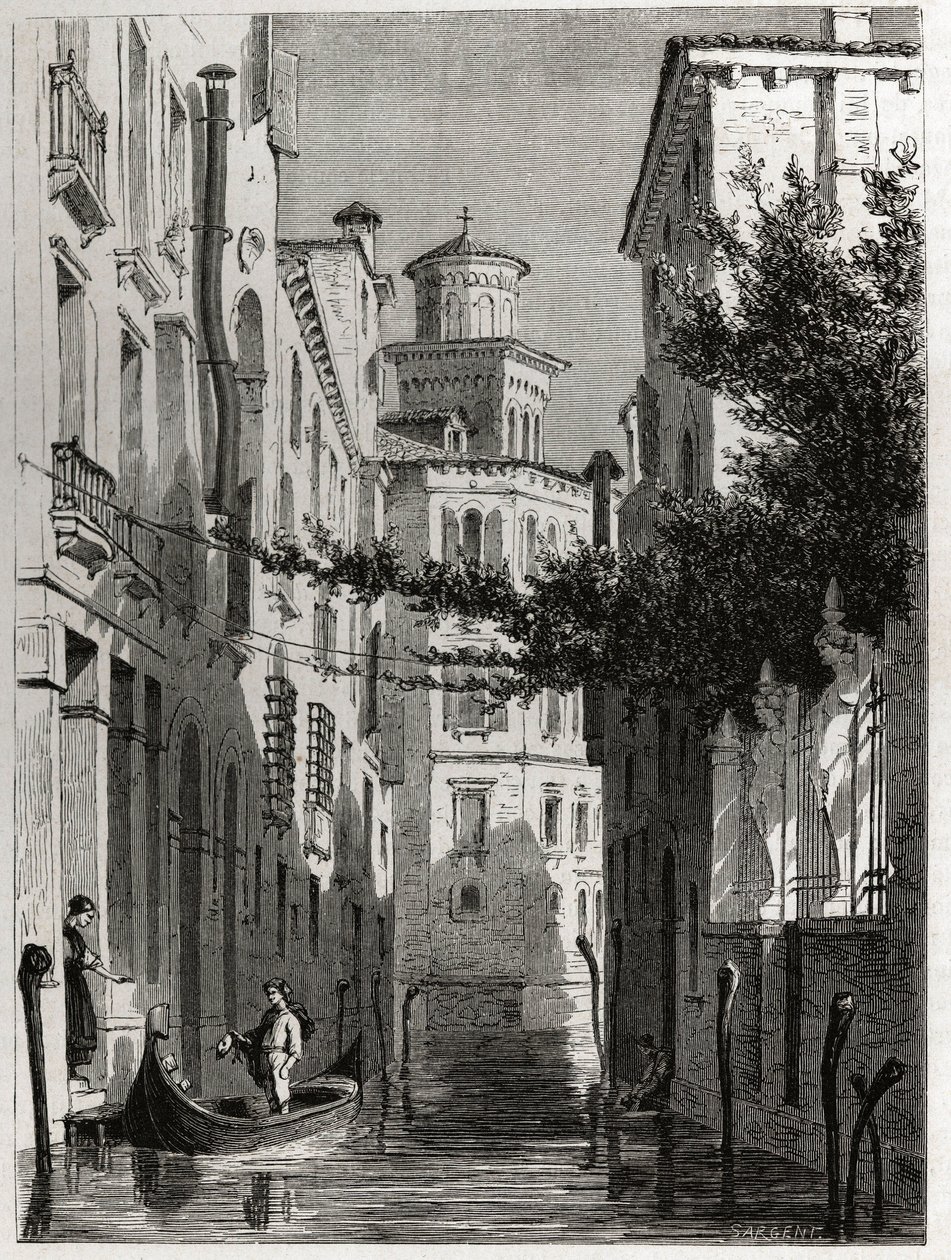 El palacio de Bianca Cappello en Venecia, dibujo de Karl Girardet (1813-1871), para ilustrar el viaje de Adalbert de Beaumont a Venecia, alrededor de 1850. Grabado en 