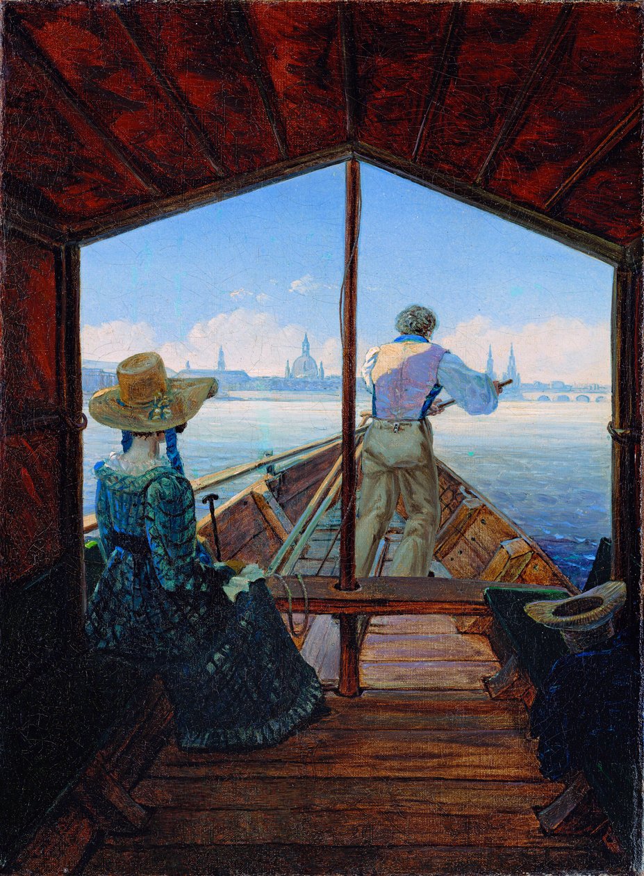 ""Mañana en el Elba"" viaje en barco por el Elba cerca de Dresde (Barcaza de viaje en el Elba cerca de Dresde (Mañana en el Elba) Pintura de Carl Gustav Carus (1789-1869) Óleo sobre lienzo 1827 Dim 29x22 cm Museo Kunstpalast, Düsseldorf de Karl Gustav Carus