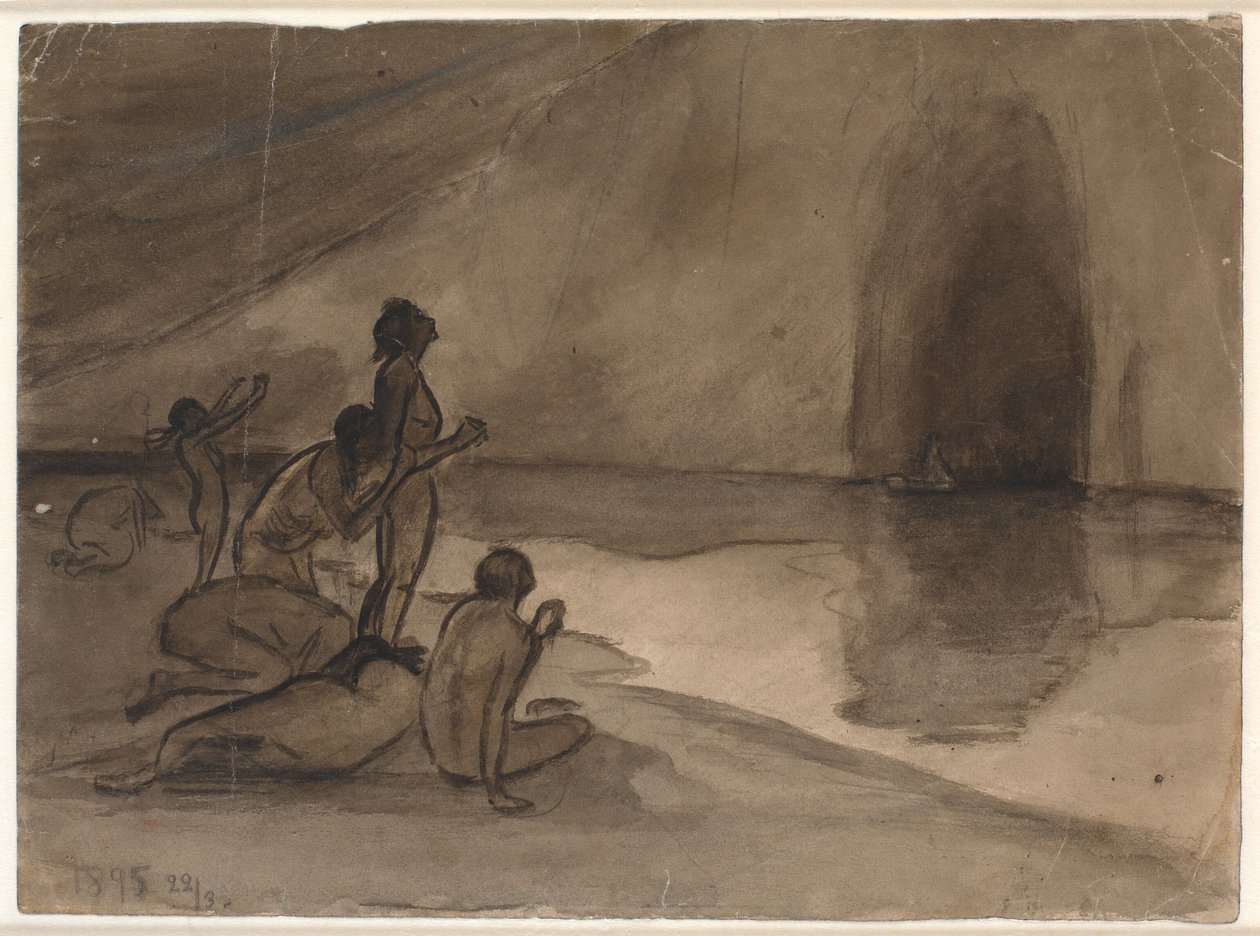 Personas desnudas en la orilla de Aurvangaland viendo llegar el barco con Heimdal de Karl Isakson