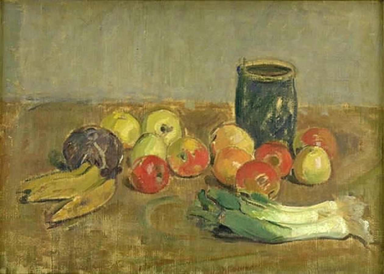 Naturaleza muerta. Manzanas, puerros, plátanos y jarra verde de Karl Isakson