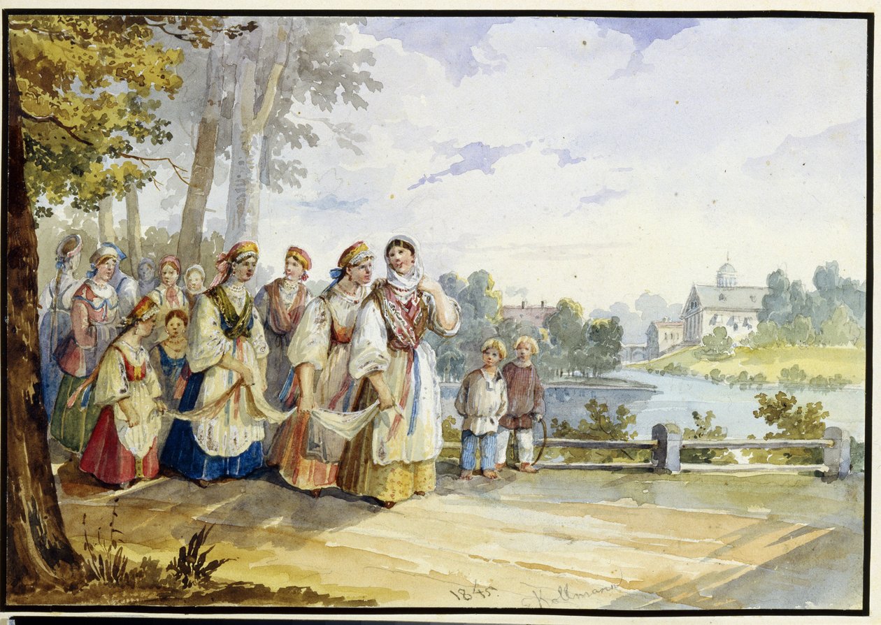 Chicas campesinas rusas con vestido de fiesta. Obra de Karl Ivanovich Kolmann (1786-1846), acuarela sobre cartón de Karl Ivanovich Kolmann