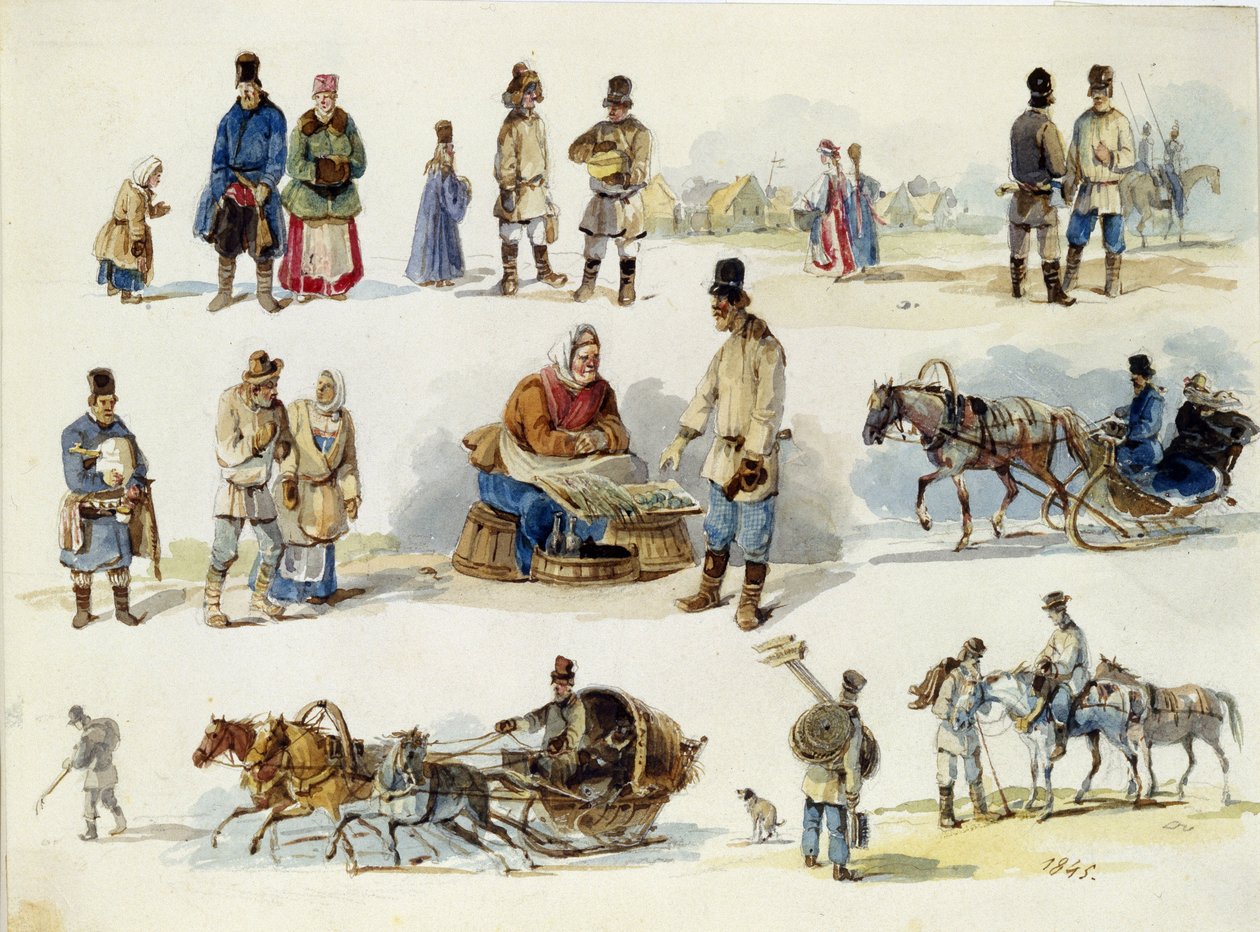 Tipos populares rusos. (Tipos populares de Rusia). Obra de Karl Ivanovich Kolmann (1786-1846), acuarela sobre cartón de Karl Ivanovich Kolmann