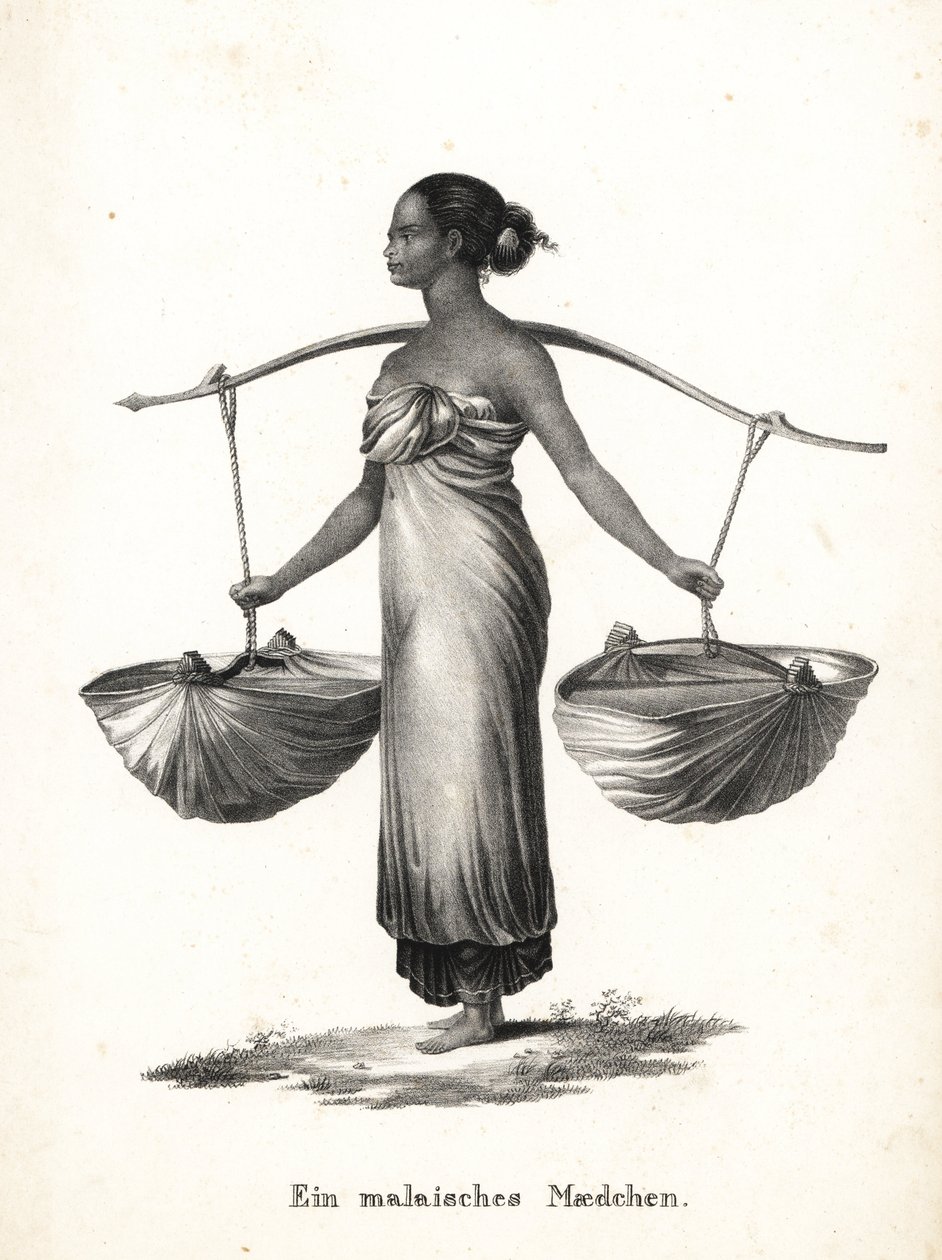 Niña malaya con el pelo recogido llevando zapatillas de un yugo. Litografía de Karl Joseph Brodtmann de la Historia natural ilustrada de hombres y animales de Heinrich Rudolf Schinz. de Karl Joseph Brodtmann