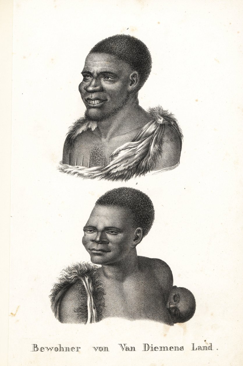 Nativos de Tasmania, Tierra de Van Diemen. Grou Aagara, hombre con escarificación en el pecho y capa de piel de animal, y Arra-Maida, mujer con niño a la espalda en papoose de canguro. Los nativos de Tasmania fueron exterminados por los colonos. Copiado de de Karl Joseph Brodtmann