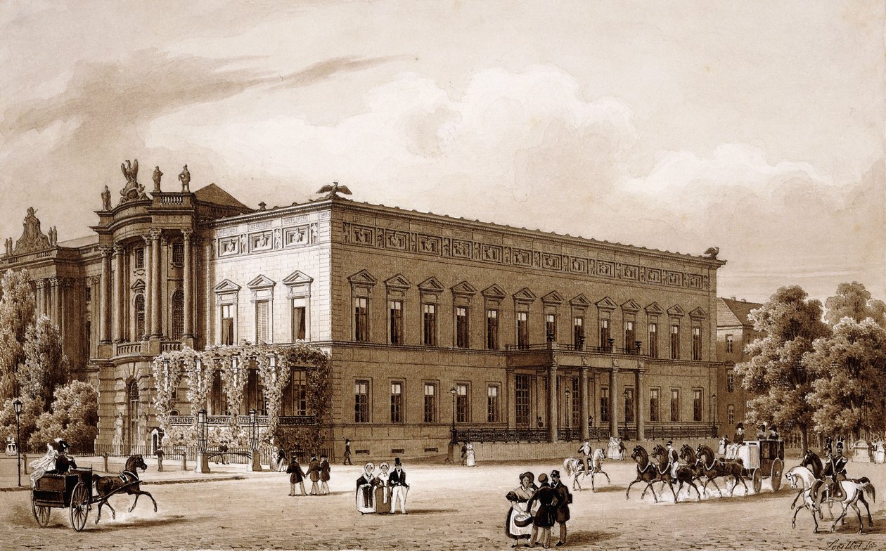 Unter den Linden, Berlín. El Palacio del Príncipe Wilhelm, construido por Karl Langhans en 1834-36, y la Biblioteca Real, construida por Georg Christian Unger 1775-78 según los planos de Josef Emanuel Fischer von Erlach, con vista a la Plaza del Teatro de  de Karl Loeillot Hartwig
