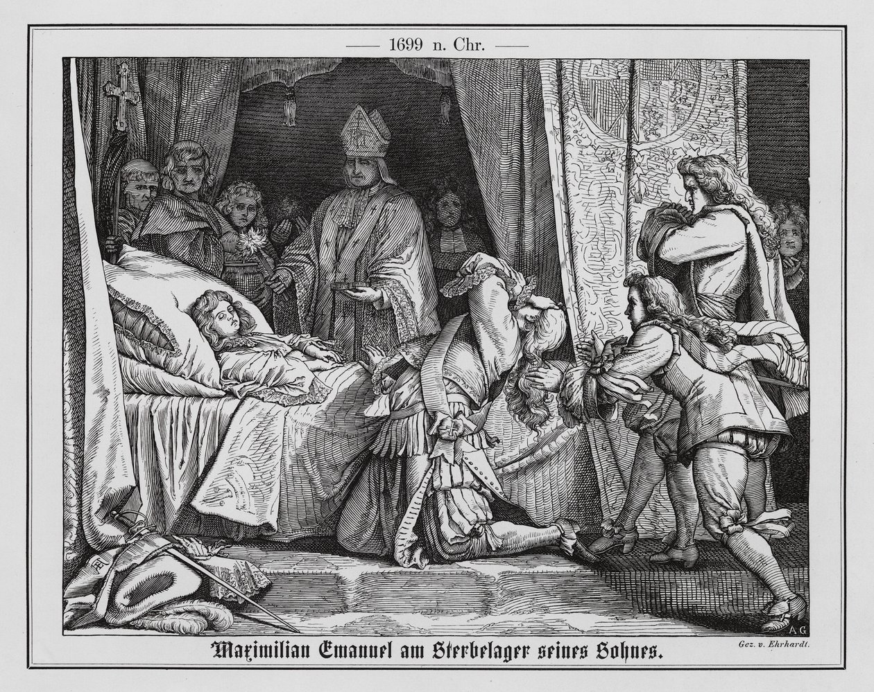 Maximiliano II Manuel, Elector de Baviera, en el lecho de muerte de su hijo de Karl Ludwig Adolf Ehrhardt