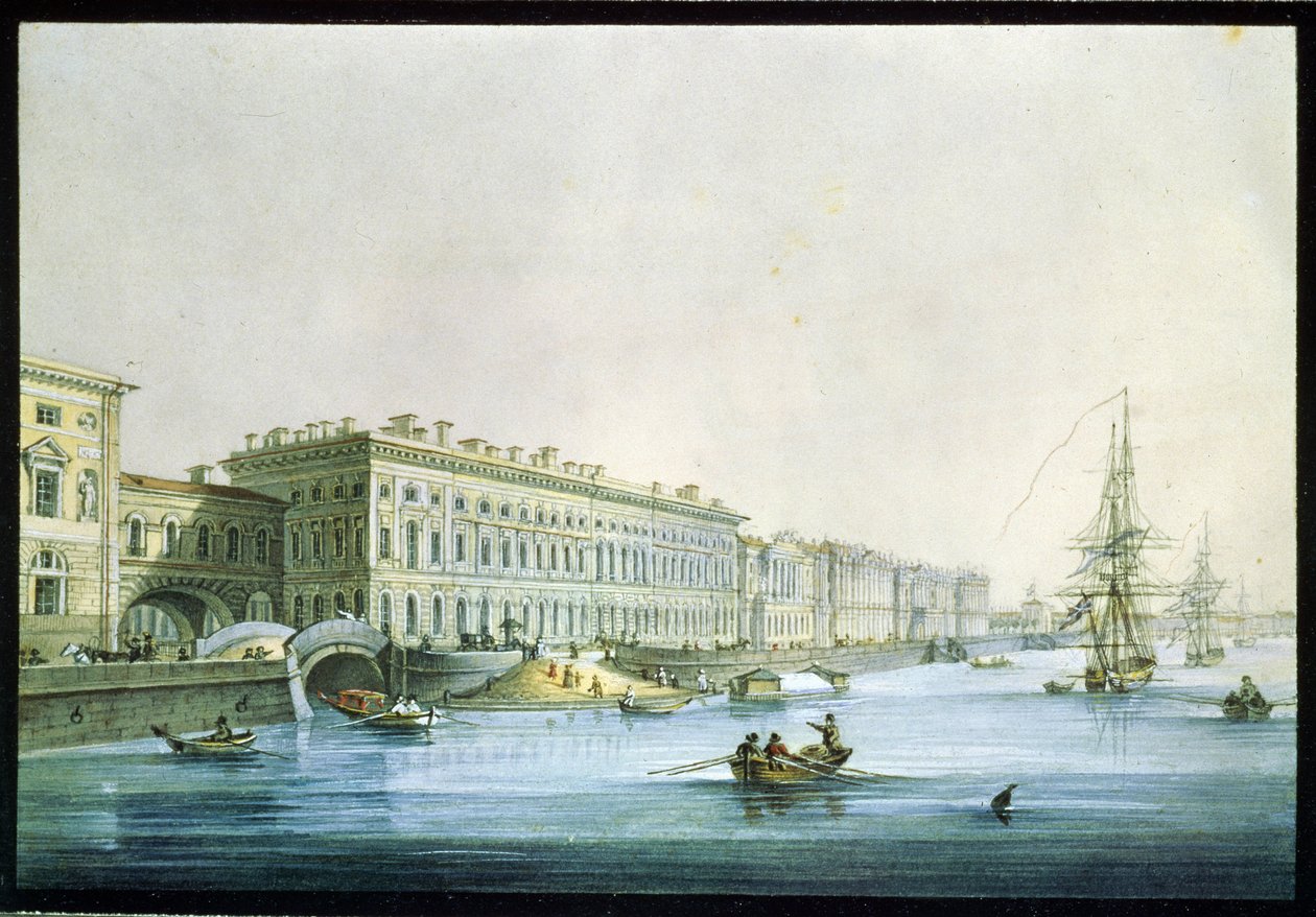 Vista del terraplén del palacio en San Petersburgo. Pintura de Karl Petrovich Beggrov (1799-1875). Acuarela y tinta sobre papel, hacia 1830, arte ruso del siglo XIX, clasicismo. Museo Estatal Ruso, San Pet de Karl Pavlovich Beggrov