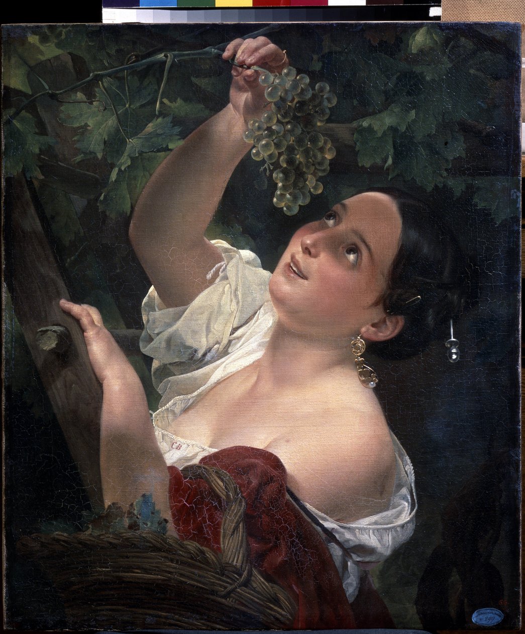 Mi journee italienne (mediodía italiano). Mujer joven con el hombro desnudo recogiendo un racimo de uvas - Pintura de Karl Pavlovich Briullov (Briullov) (1799-1852) - Óleo sobre lienzo de Karl Pavlovich Bryullov