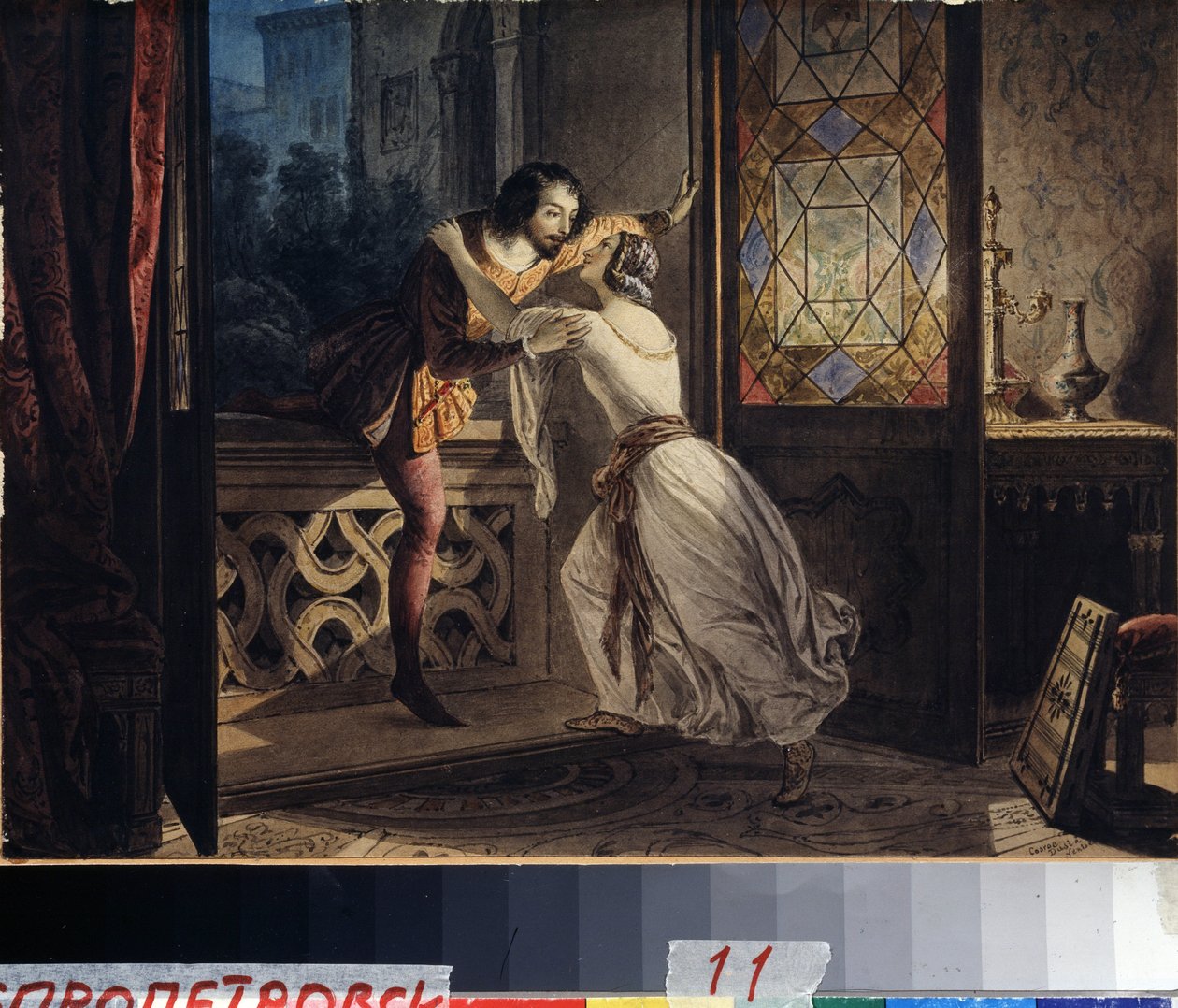 Romeo y Julieta. Un hombre sube a un balcón para encontrarse con una mujer en una cita secreta. Pintura de Karl Pavlovich Briullov (1799-1852). Acuarela sobre tabla, ca. 1830, 23,2 x 31,5 cm, art rus de Karl Pavlovich Bryullov