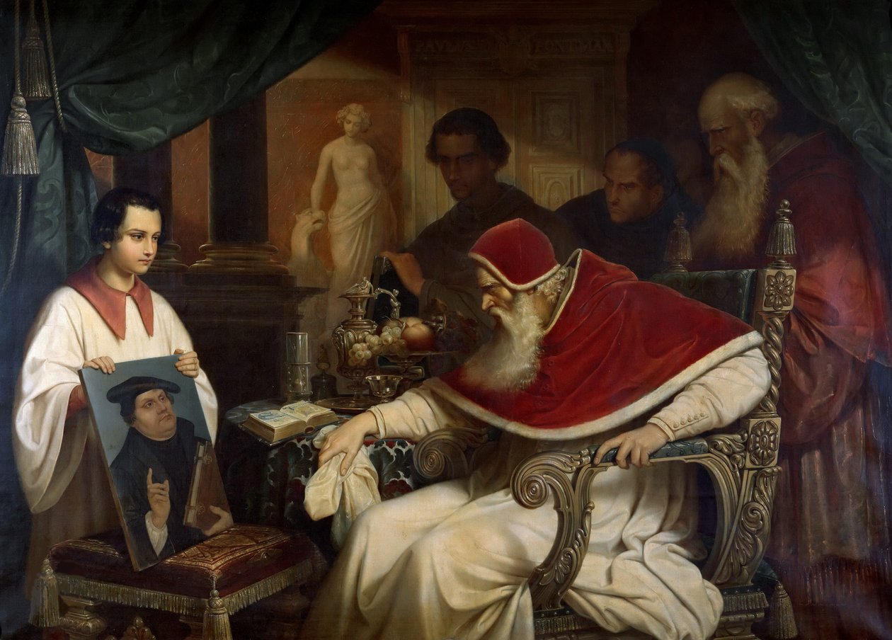 El Papa Pablo III 1468-1549 viendo el retrato de Lutero de Cranach, 1838-1839 de Karl Schorn