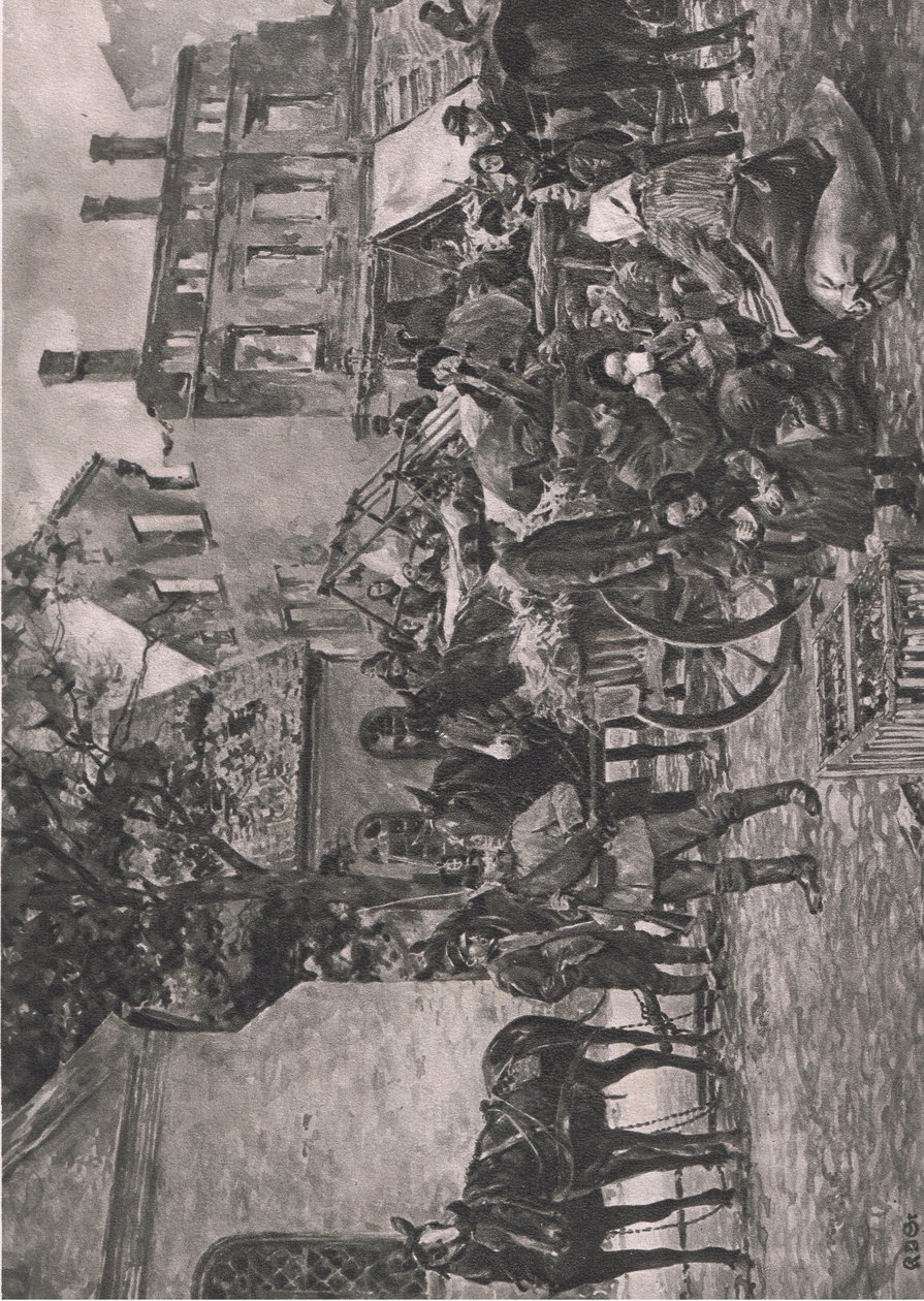 Refugiados de Prusia Oriental regresando a casa, descansando en el mercado (plaza) de Tapiau, ilustración de Hindenburg publicada por Daterlandischer Derlag C U Weller Berlin. de Karl Storch