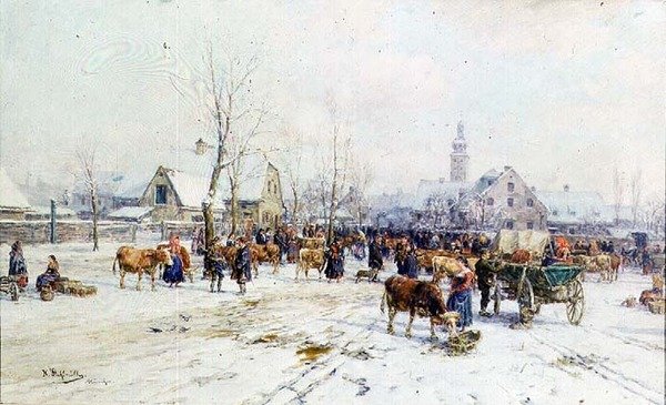 Un mercado de ganado en invierno de Karl Stuhlmuller