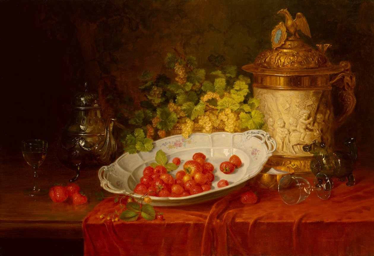 Naturaleza muerta con fresas y uvas (óleo sobre lienzo) de Karl Thoma Hofele