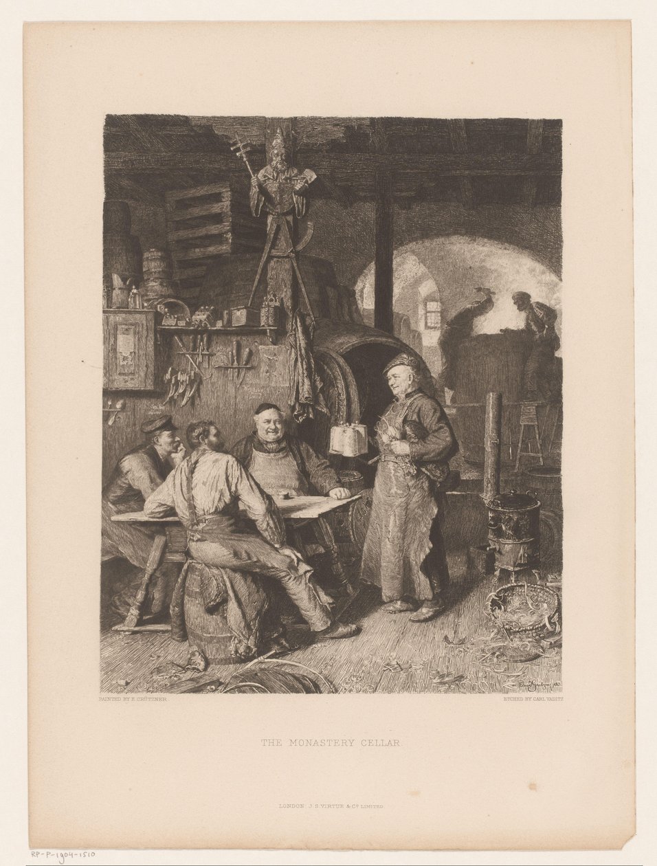Hombres alrededor de una mesa en un sótano La bodega del monasterio (título sobre el objeto) de Karl Vaditz