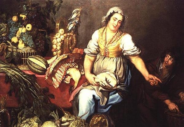 Bodegón de cocina con frutas, verduras y una niña sosteniendo un pollo de Kasper or Gaspar van den Hoecke