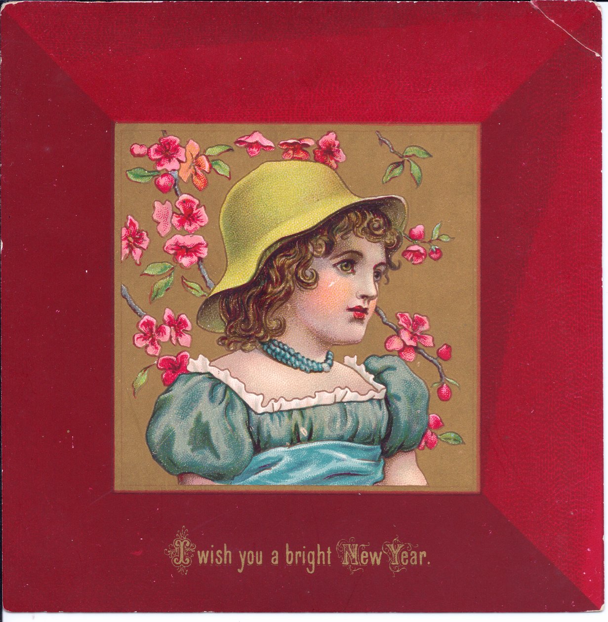 Tarjeta navideña victoriana de una niña con ropa de la regencia sosteniendo un ramo de flores, c.1880 de Kate Greenaway