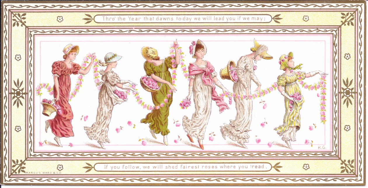 Tarjeta de felicitación victoriana de un niño con una bufanda amarilla alrededor del cuello, c.1880 de Kate Greenaway