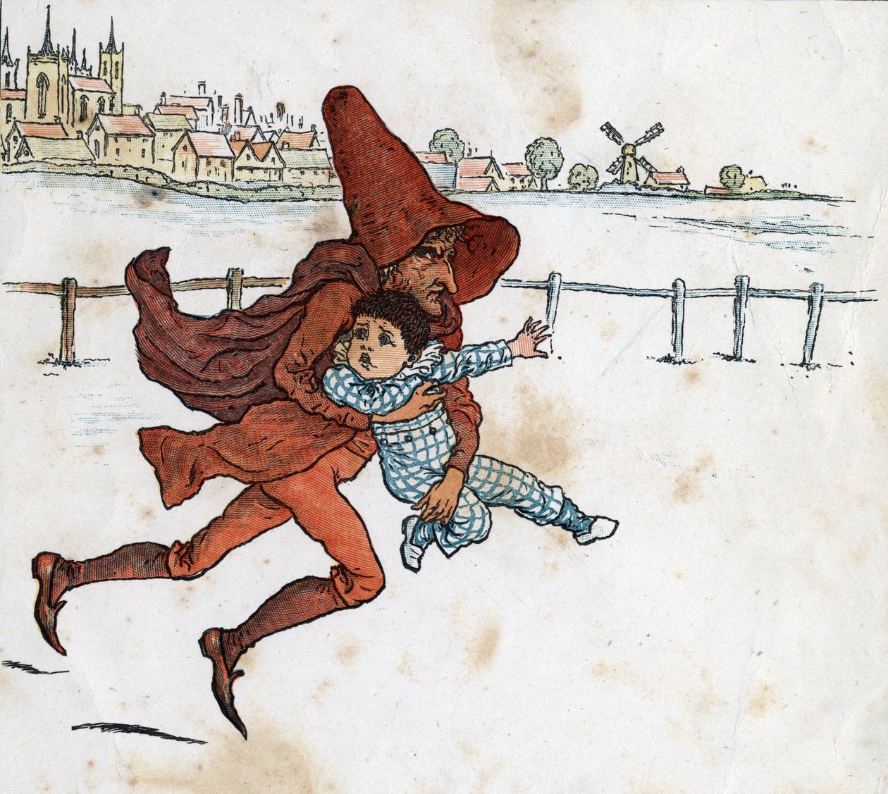 Un duende se lleva a un niño pequeño. Ilustración de Kate Greenaway (1846-1901) del libro infantil "Under The Window" (1879), editado por Edmund Evans. de Kate Greenaway