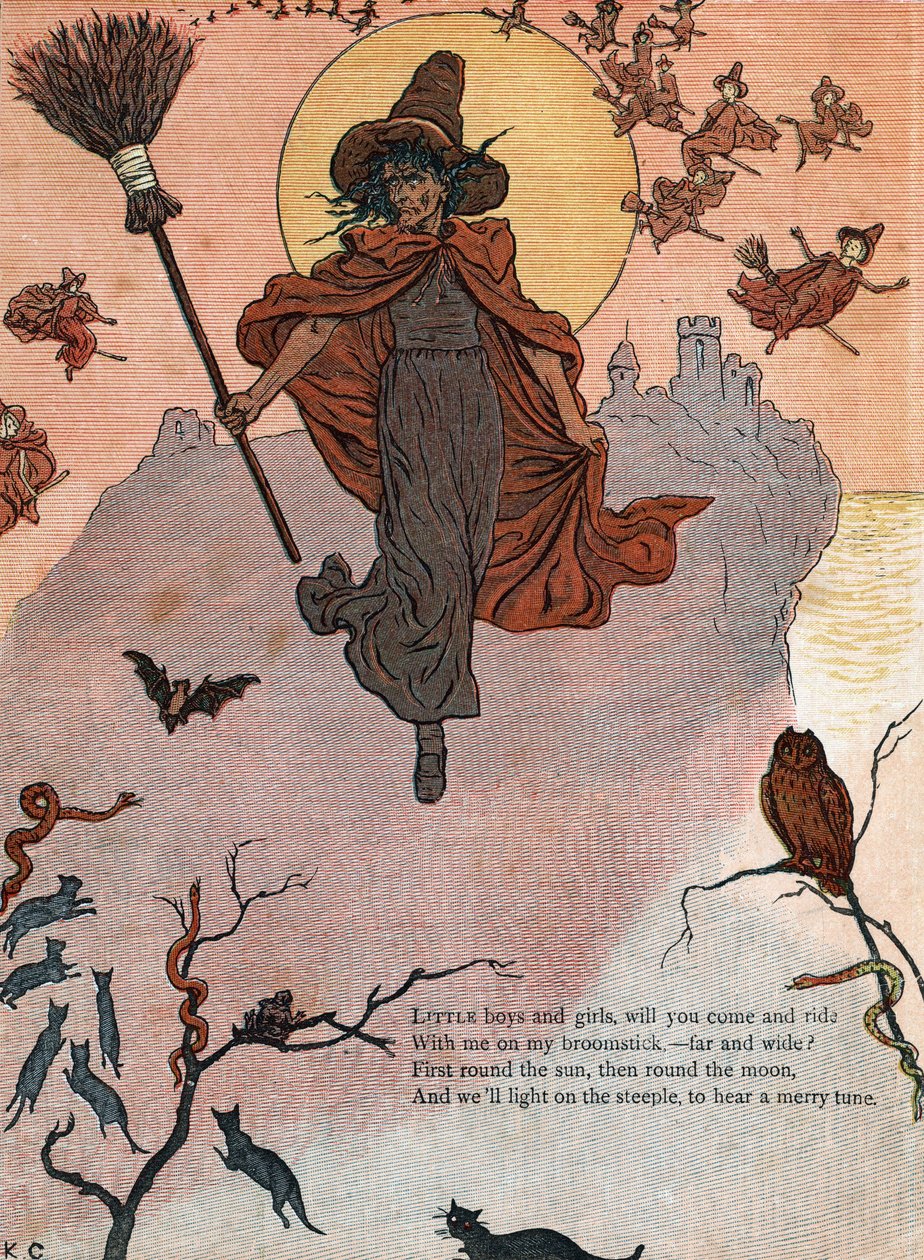 Una bruja y su escoba rodeada de gatos negros, murciélago y búho. (Niños y niñas, ¿vendrán a volar conmigo en mi escoba?) Ilustración de Kate Greenaway (1846-1901) del libro de cuentos y rimas infantiles "Under The Window" de Kate Greenaway