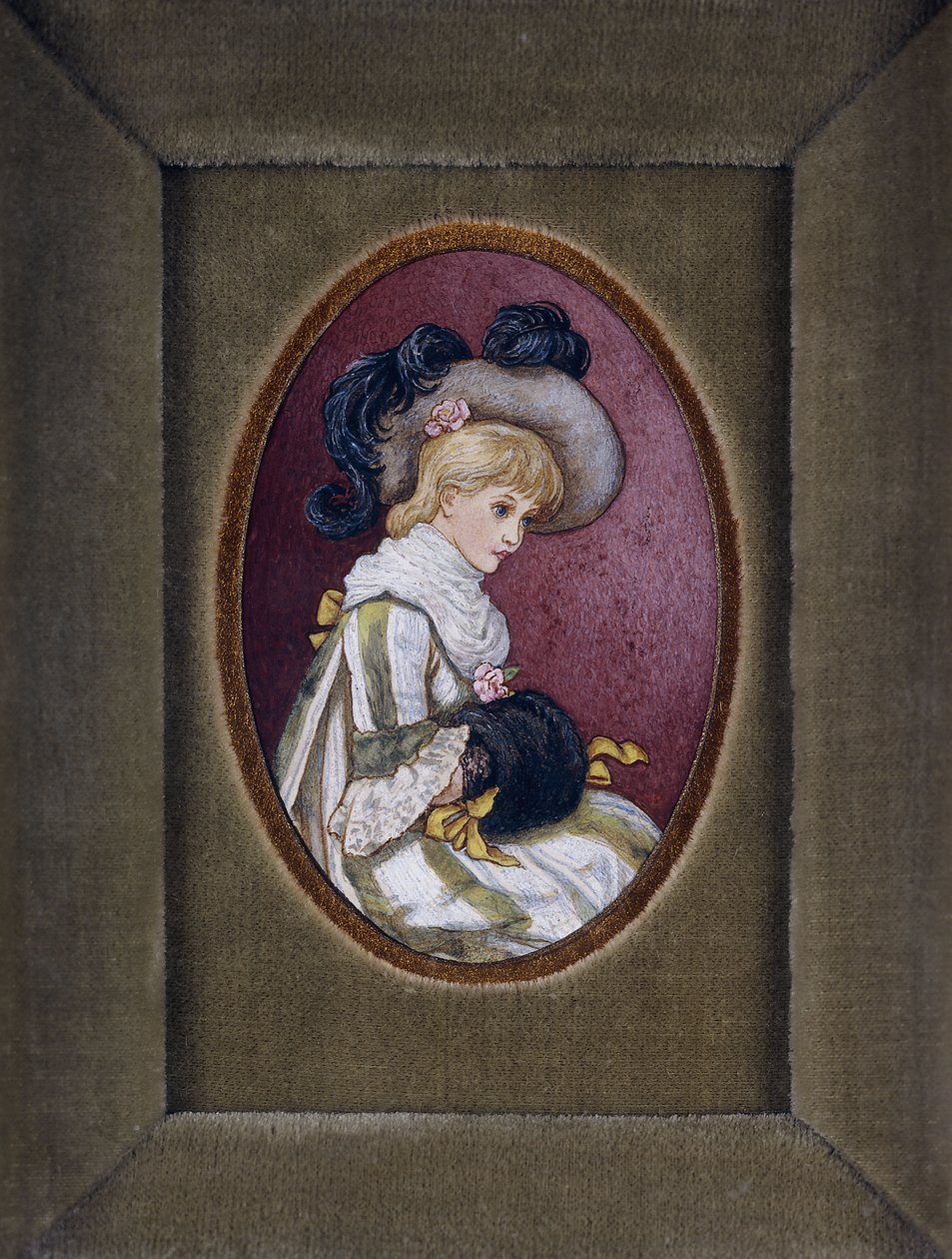 Retrato ovalado de una niña rubia con un sombrero con plumas y las manos dentro de su manguito de Kate Greenaway