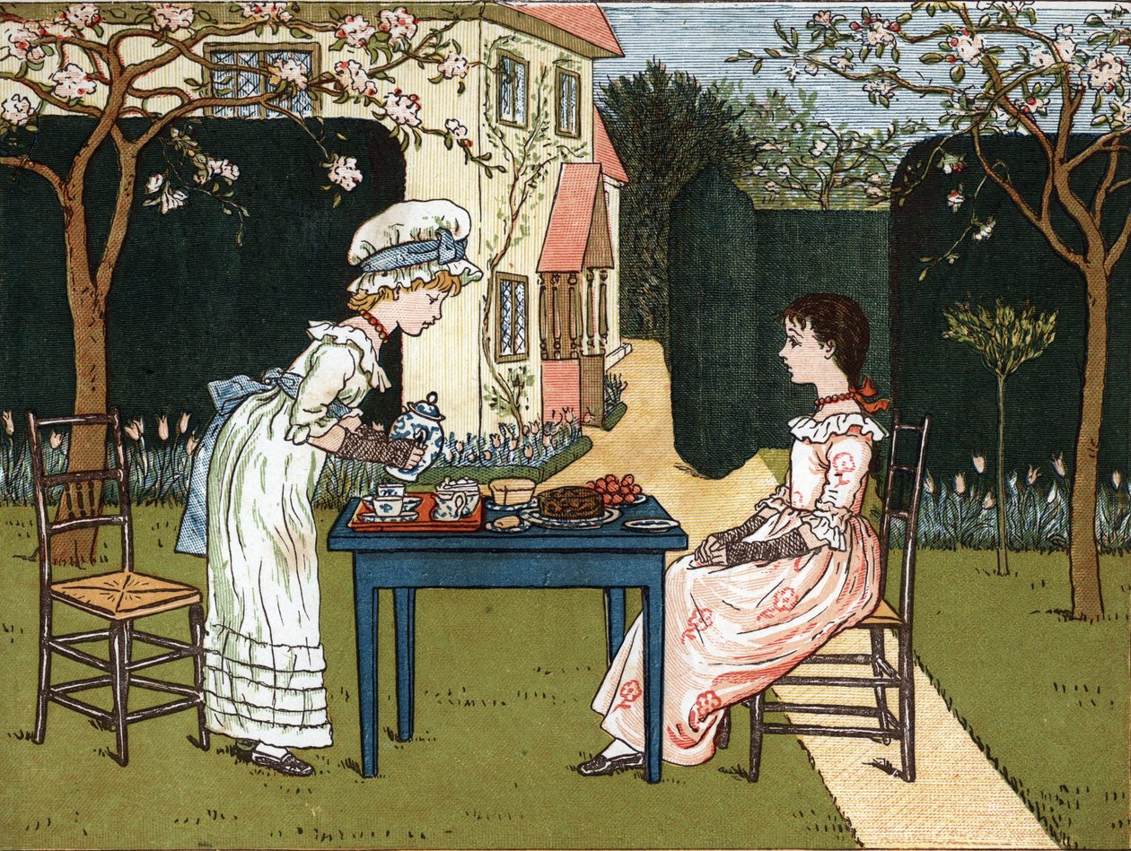 Hora del día: dos niñas degustando en un jardín. Ilustración de Kate Greenaway (1846-1901) del libro de cuentos y rimas infantiles "Under The Window" (1879), editado por Edmund Evans. de Kate Greenaway