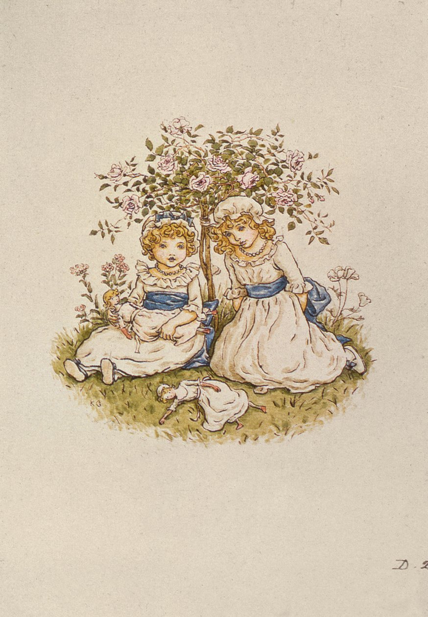 Dos niñas con muñecas sentadas bajo un rosal, siglo XIX de Kate Greenaway