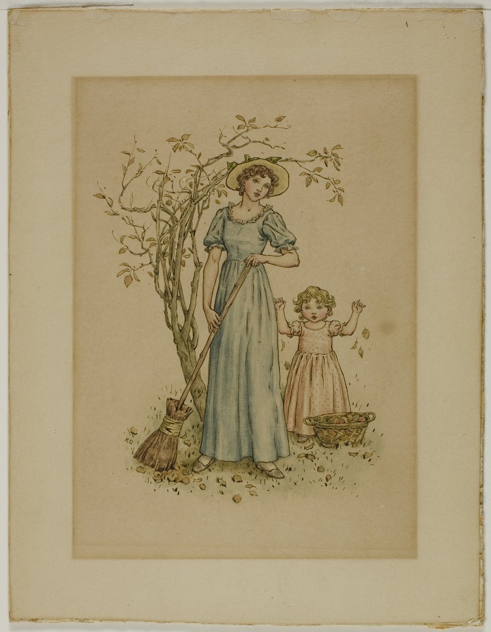 Mujer con escoba y niña de Kate Greenaway