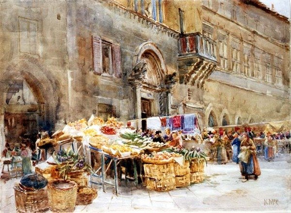 Frente a la casa del Capitán del Pueblo, Perugia, c.1906 de Katharine McCracken