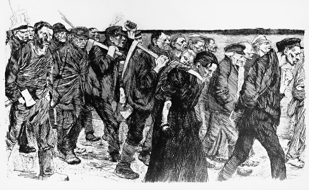 Demostración de trabajadores, ilustración de Käthe Kollwitz para la ópera Die Weber (Los tejedores) de Käthe Kollwitz