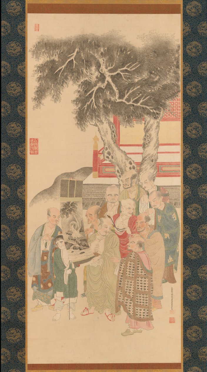 Diez Rakan examinando una pintura de Kannon con túnica blanca de Kato Nobukiyo