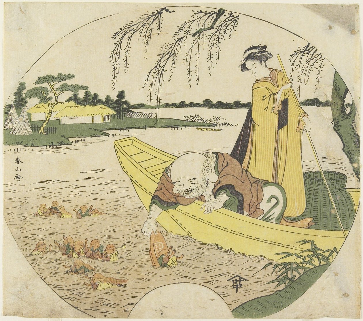 (Dios Hotei en un barco atrapando duendes Sho_jo_ con una taza de sake), 1782-1789 de Katsukawa Shunzan